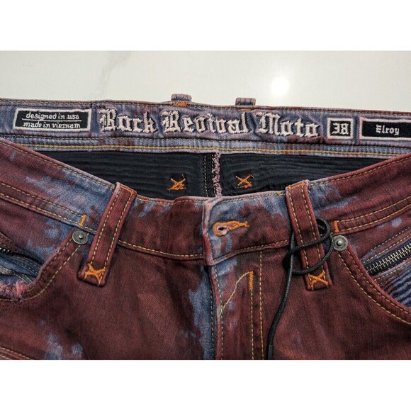 Rock Revival Moto Elroy Biker Distressed Jeans Acid Wash Red Blue Mens Size 38 - Picture 8 of 12